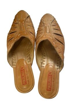 Pikolinos Tan Leather Slip-On Kitten Heel Mules Slides Cutout Contrast Stitch 38